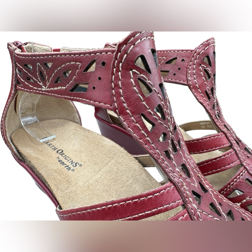 Earth Origins Kingsley Red Leather Boho Comfort Wedge Ankle Strap Sandals 8.5 - Picture 11 of 16